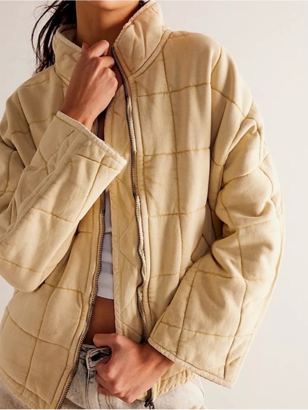FREE PEOPLE Sz M DOLMAN SLEEVE QUILTED KNIT ZIP JACKET Pale Butter Yellow/Cream